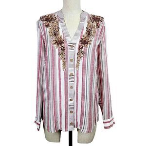 NEW‎ Soft Surroundings Top XS Red Beige Striped Beaded Button-Front Boho Blouse